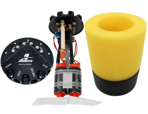 Aeromotive Phantom dual 340 fuel system with lid, dual pumps, hoses and yellow foam filter shown