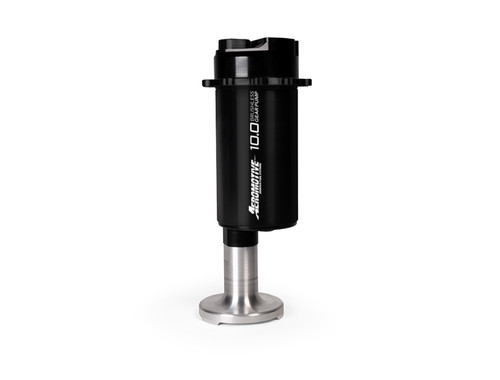 Aeromotive TVS Module 10.0 brushless gear pump, black body on stand, front view showing label