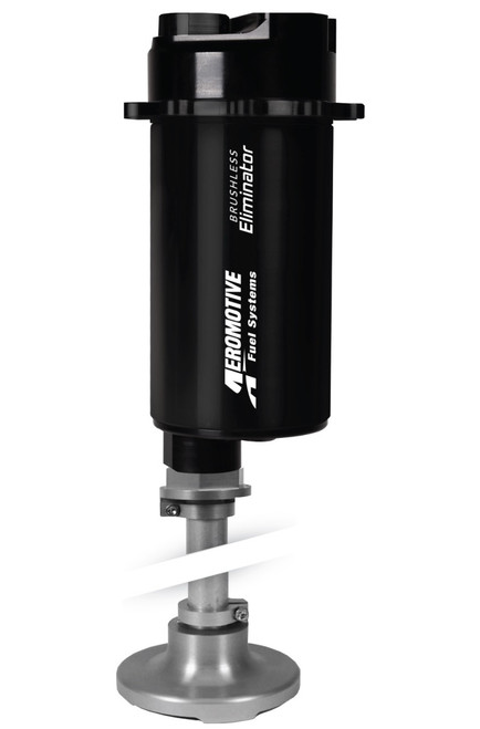 Aeromotive Brushless Eliminator in-tank fuel pump, black cylindrical body on metal mounting base and stand