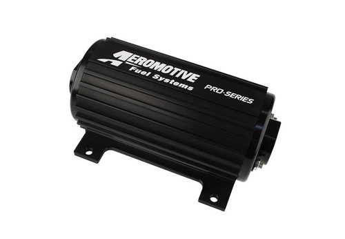Aeromotive Pro-Series fuel pump, black cylindrical body with mounting bracket, side angle view showing inlet fitting