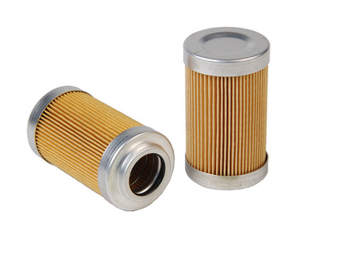 Aeromotive 10 micron fabric filter elements, two cylindrical pleated cartridges with metal end caps, side view