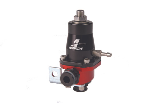 Aeromotive Billet LT1 Adjustable Regulator, front angle view showing black body, red base, fittings and mounting bracket.