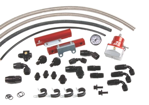 Aeromotive Subaru WRX/STi fuel rail kit with red rails, black fittings, hoses, and pressure gauge