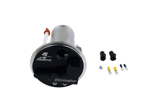 Aeromotive Eliminator in-tank fuel pump with black end cap, wiring terminals and connectors shown alongside.
