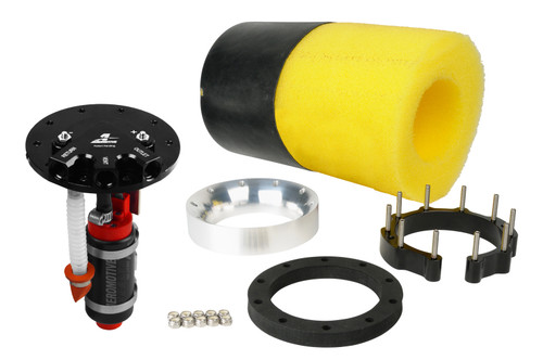 Aeromotive Phantom 340 in-tank fuel system kit, showing pump module, foam filter sock, mounting bracket and hardware