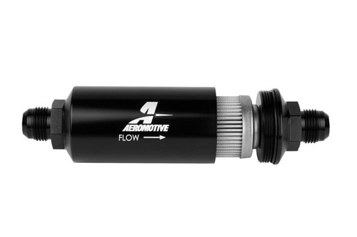 Aeromotive AN-10 in-line fuel filter, black anodized body, stainless mesh element, AN fittings on both ends, flow arrow label.
