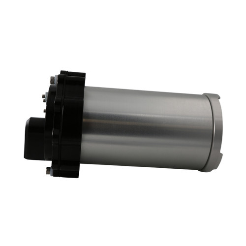 Aeromotive Brushless Eliminator in-tank fuel pump, 90-degree outlet, black mounting flange, side view