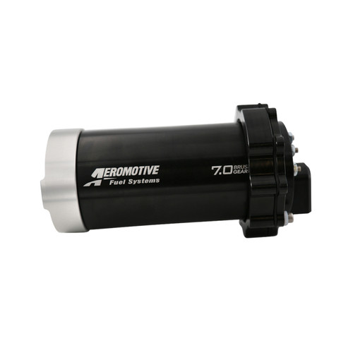 Aeromotive 7.0 Brushless Spur Gear fuel pump, side view showing black housing and 90 degree fitting