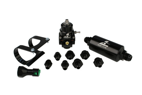 Aeromotive Stealth Fuel System, EFI OEM Returnless kit with regulator, filter, mounting bracket and fittings laid out