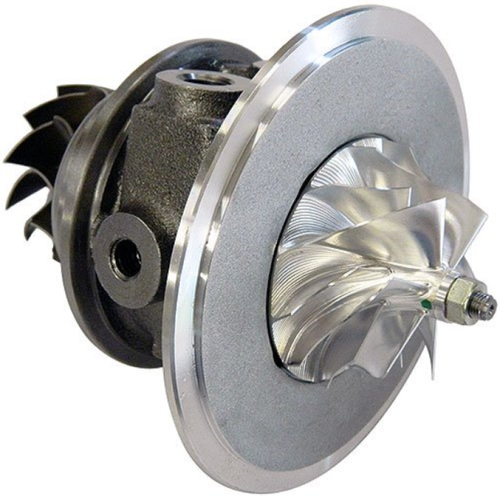 BorgWarner S300SX-E EFR 66mm turbo cartridge, angled view showing compressor wheel, turbine blades and shaft