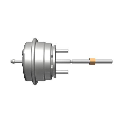 BorgWarner EFR super short canister actuator, side view showing rod, clamp and mounting studs