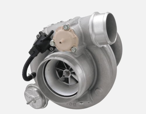 BorgWarner EFR 7163 turbo cartridge, angled view showing compressor wheel, wastegate actuator and iron bearing housing
