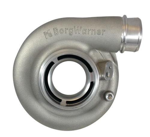 BorgWarner Compressor Cover B1 EFR turbo housing, side angle view showing inlet, outlet and BorgWarner logo