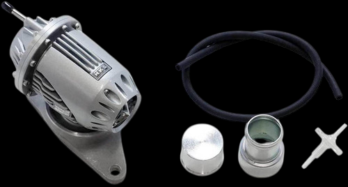 HKS SSQV4 BOV kit for 08-11 STi, showing valve body, vacuum hose, cap, fitting, and clip
