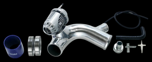 HKS SSQV4 BOV kit for 07-08 Mini Cooper S R56, showing polished aluminum piping, blue silicone coupler, clamps, vacuum hose and fittings.