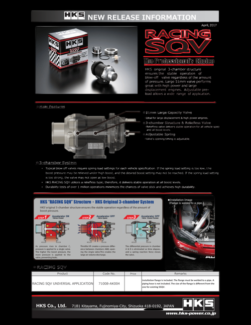 HKS Racing SQV universal blow off valve with retail box, showing valve body, inlet flange, and hose fitting