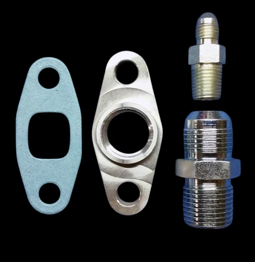 BL T3/T4 turbo oil fitting kit showing gasket, NPT drain flange, banjo bolt, and adapter fitting