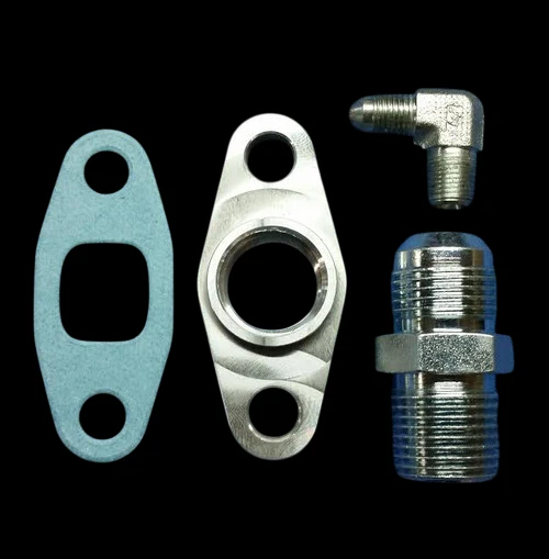 BL T3/T4 turbo oil fitting kit showing gasket, drain flange, 90 degree fitting, and straight NPT union