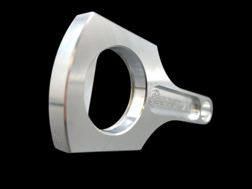 Boost Lab connecting rod bottle opener, polished aluminum, angled front view showing engraved logo