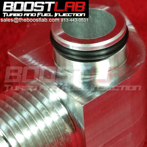 Boost Lab 2JZ-GTE/GE CNC -8 AN power steering pump feed fitting, close-up of threaded fitting and o-ring seal