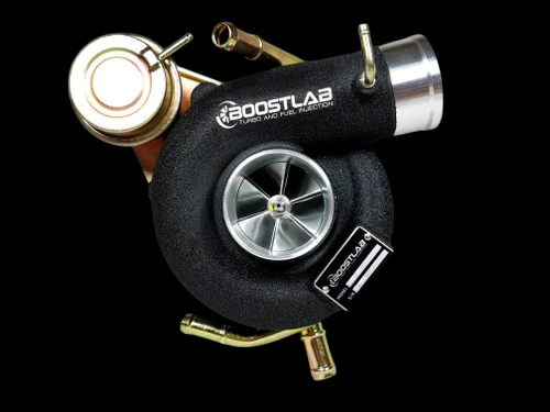 Boost Lab TD05H-20G turbocharger for Subaru STI, front angle showing compressor housing, wastegate and oil fittings