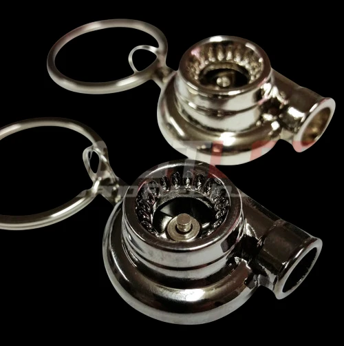 Boost Lab Turbo Key Chain, two chrome turbo keychains showing compressor wheel and housing detail