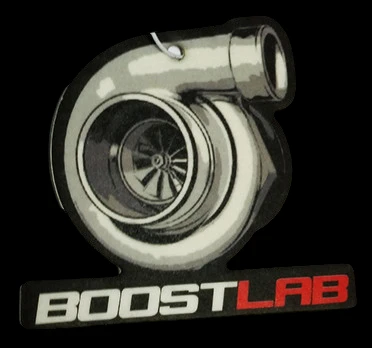 Boost Lab Air Freshener showing a chrome turbocharger graphic above the red and white Boost Lab logo