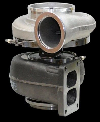 BorgWarner S400S061 turbocharger, front angle view showing compressor housing, cast turbine side with T4 flange, and oil fittings.