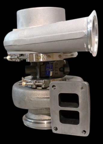BorgWarner BHT3E turbocharger, side view showing compressor housing, T4 twin-scroll flange, and V-band clamps.