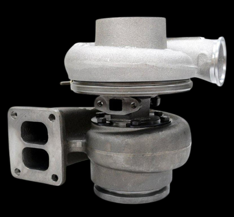 Holset H2E turbocharger 3803389 for Cummins L10, front angle view showing turbine inlet flange, compressor housing with polished outlet, and mounting