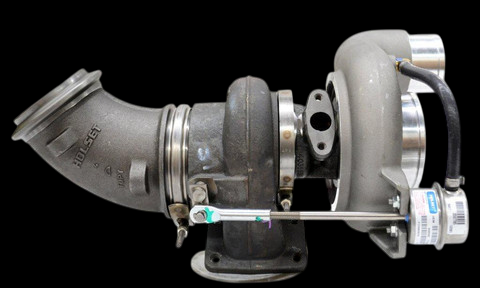 Holset HY35W turbocharger 4035044 side view showing compressor housing, elbow inlet, and actuator