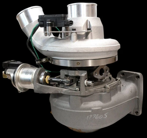 BorgWarner S430V turbocharger for Mack, front angle view showing actuator, compressor housing and exhaust flange.