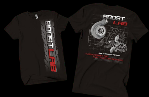 Boost Lab T-Shirt front and back views, black tee with turbocharger graphic and logo text
