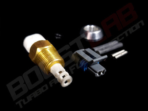 Boost Lab Universal IAT Sensor Kit showing brass sensor, connector plug, aluminum bung, and heat shrink tubing.