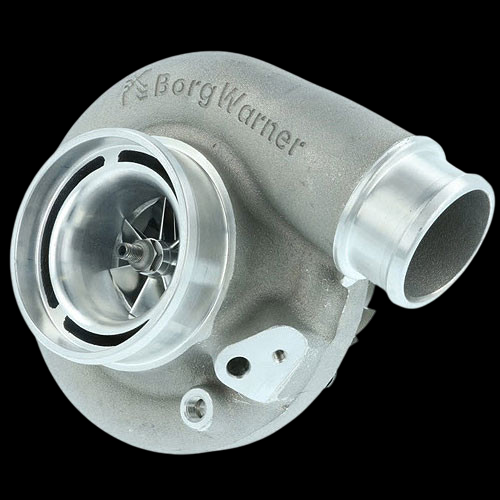 BorgWarner SuperCore SX-E S200SX-E 7070 turbo, front angle showing compressor wheel and outlet housing
