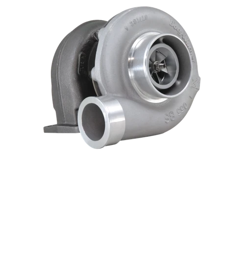 BorgWarner SuperCore SX-E S300SX-E 8780 turbo, angled view showing compressor wheel, inlet, and cast housing