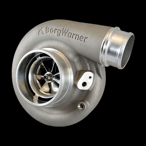 BorgWarner S364.5 SX-E Supercore turbo, front angle showing compressor wheel, housing, and oil fitting