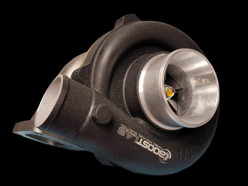 BL-5757 Turbocharger, angled side view showing compressor wheel, housing, and inlet/outlet ports