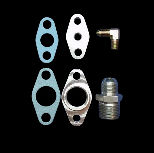 BL T6/Large Frame Turbo Oil Fitting Kit showing gaskets, flanges, elbow fitting, and straight NPT fitting