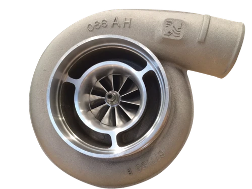 BorgWarner S400SX-E 80mm SuperCore, front angled view showing billet compressor wheel and cast housing