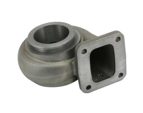 Borg Warner S200SX T4 .81 A/R turbine housing, angled view showing T4 flange with bolt holes and volute scroll outlet.