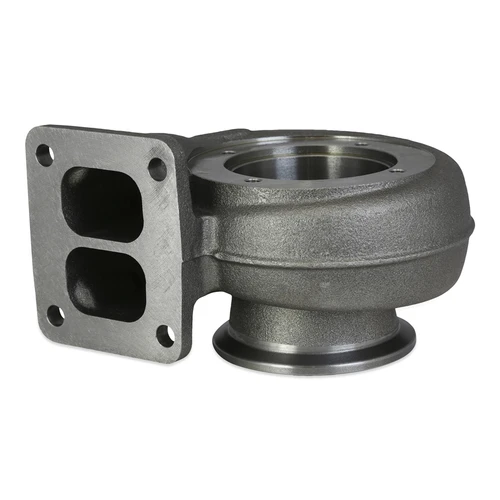 Borg Warner S200SX T4 .91 A/R twin scroll turbine housing, side angle showing divided inlet flange and V-band outlet