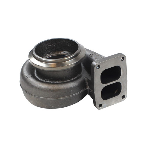 Borg Warner S400SX4 turbine housing, T6 twin scroll flange, cast iron volute, angled view