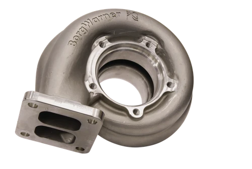 BorgWarner S400SX turbine housing, 1.10 A/R T4 VTF, 87mm, with T4 flange bolted alongside
