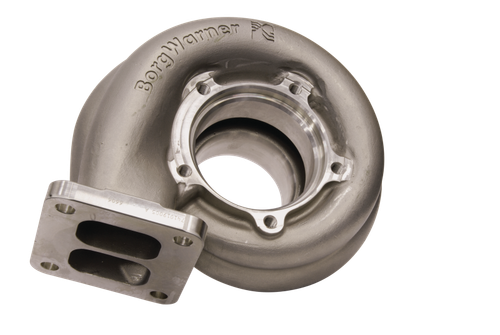 BorgWarner S500SX turbine housing, 1.60 A/R T6 VTF flange, snail volute with mounting flange visible
