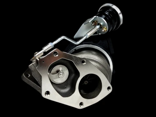 Evo 8/9 Billet TD06HR-25G turbo, side angle showing compressor housing, wastegate actuator and linkage