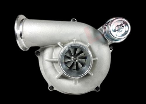 Boost Lab GTP38 turbocharger for 99.5-03 Ford 7.3L, side view showing compressor wheel, housing and inlet pipe