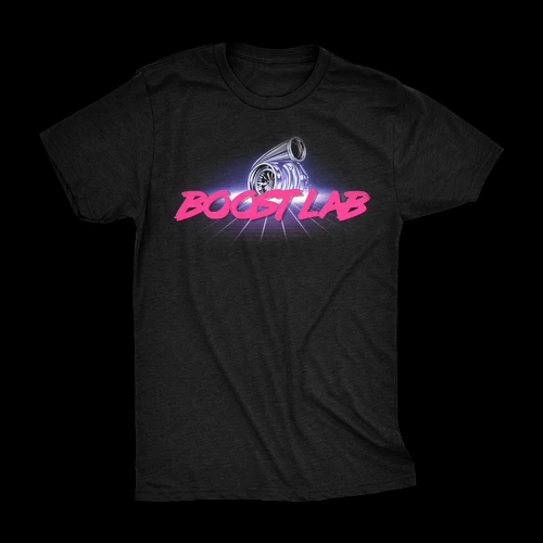 Black BL Retro T-Shirt with turbocharger graphic and pink Boost Lab logo on synthwave grid background.