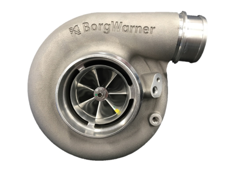 BorgWarner SuperCore SX-E S300SX-E 72mm 9180 turbo, front angle showing compressor wheel and housing
