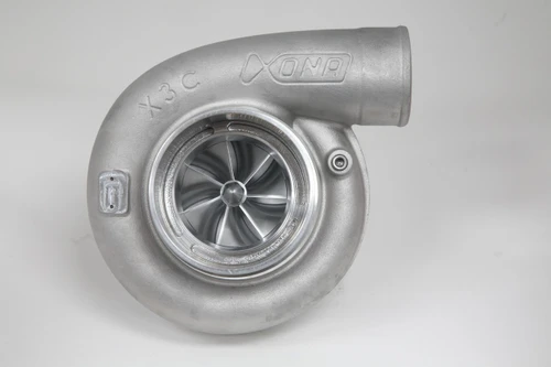 Xona Rotor 78-67 X3C turbocharger, front view showing compressor wheel, housing marked X3C, curved outlet.